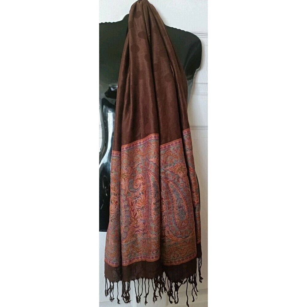 Oversized Cashmere Scarf Brown Polka Dot And Paisley Print Unbranded 27"X64"